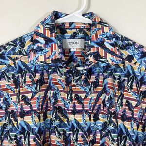 STUNNING ETON Sunset Stripe Palm Floral Short Sleeve Shirt Mens 15.5 Slim Medium